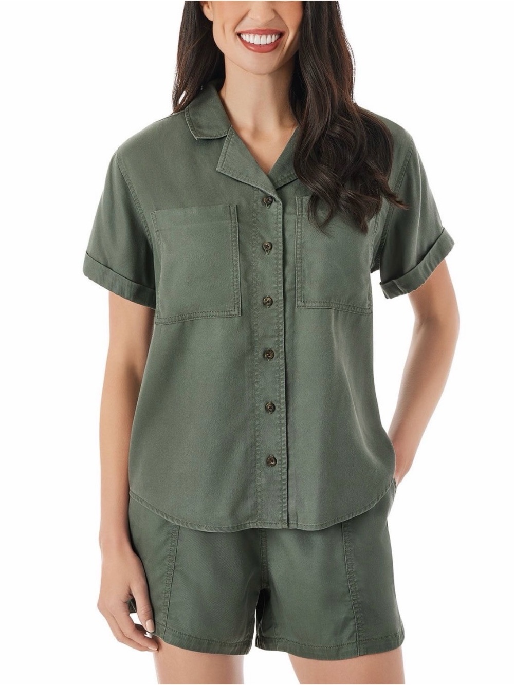 2 Piece Set Olive Green Short Sleeve Button-Up Shirt and Shorts